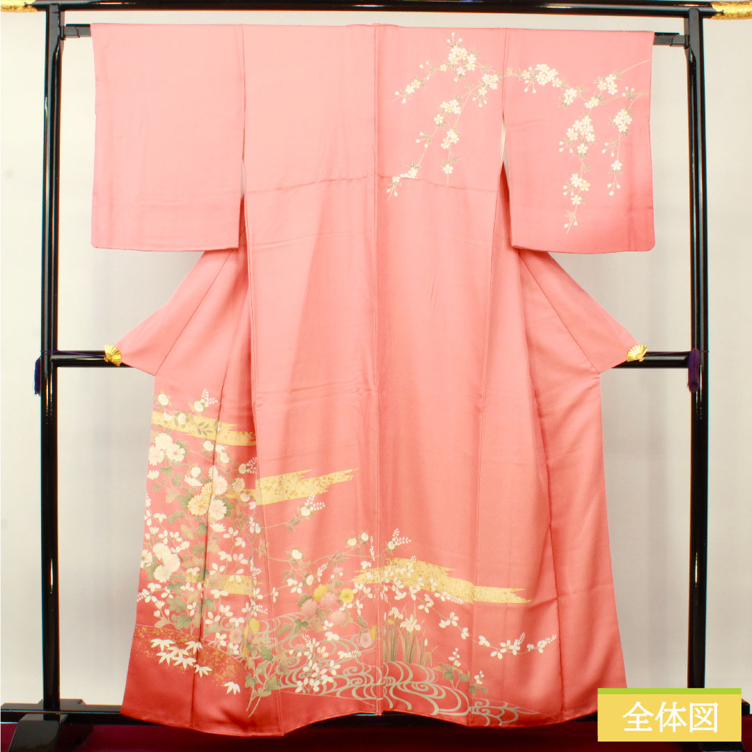 訪問着 正絹 袷 身丈158.5cm 裄丈64.5cm 長春色(ちょうしゅんいろ) 京友禅 桜 菊 流水 吉祥文様 Sランク ピンク系 1112004442313