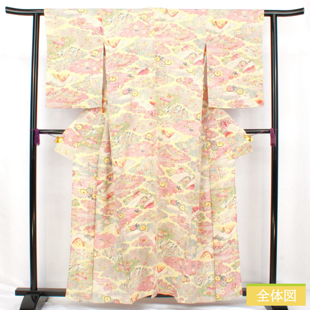 Komon silk, A-rank, length 156cm, sleeve length 58cm, single layer, pale yellow (usukihadairo), Kyoto Bingata, Chaya-Tsuji, cloud pattern, auspicious motif, cream-colored, product number 1115007593315