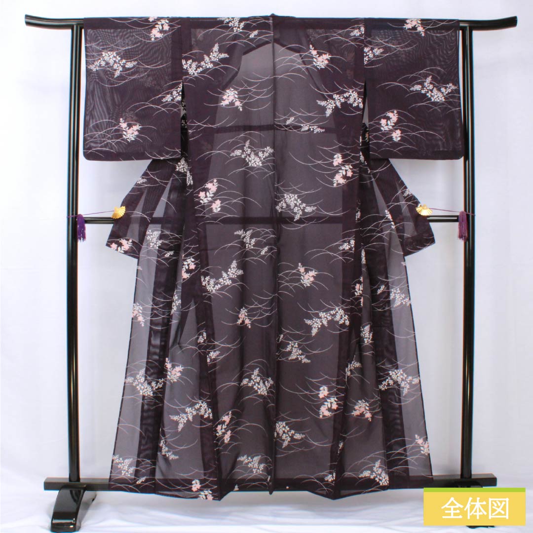 夏物 ポリエステル 小紋 身丈158cm 裄丈63cm 紫烏色(しうしょく) 露芝 草花 洗える着物 絽 Bランク 紫系 1132002044320