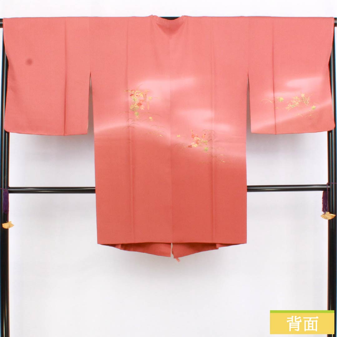 道行コート 正絹 Sランク 身丈88.5cm 裄丈68cm 紅唐色(べにとういろ) 刺繍 金彩加工 花 袷 赤系 1117001212912