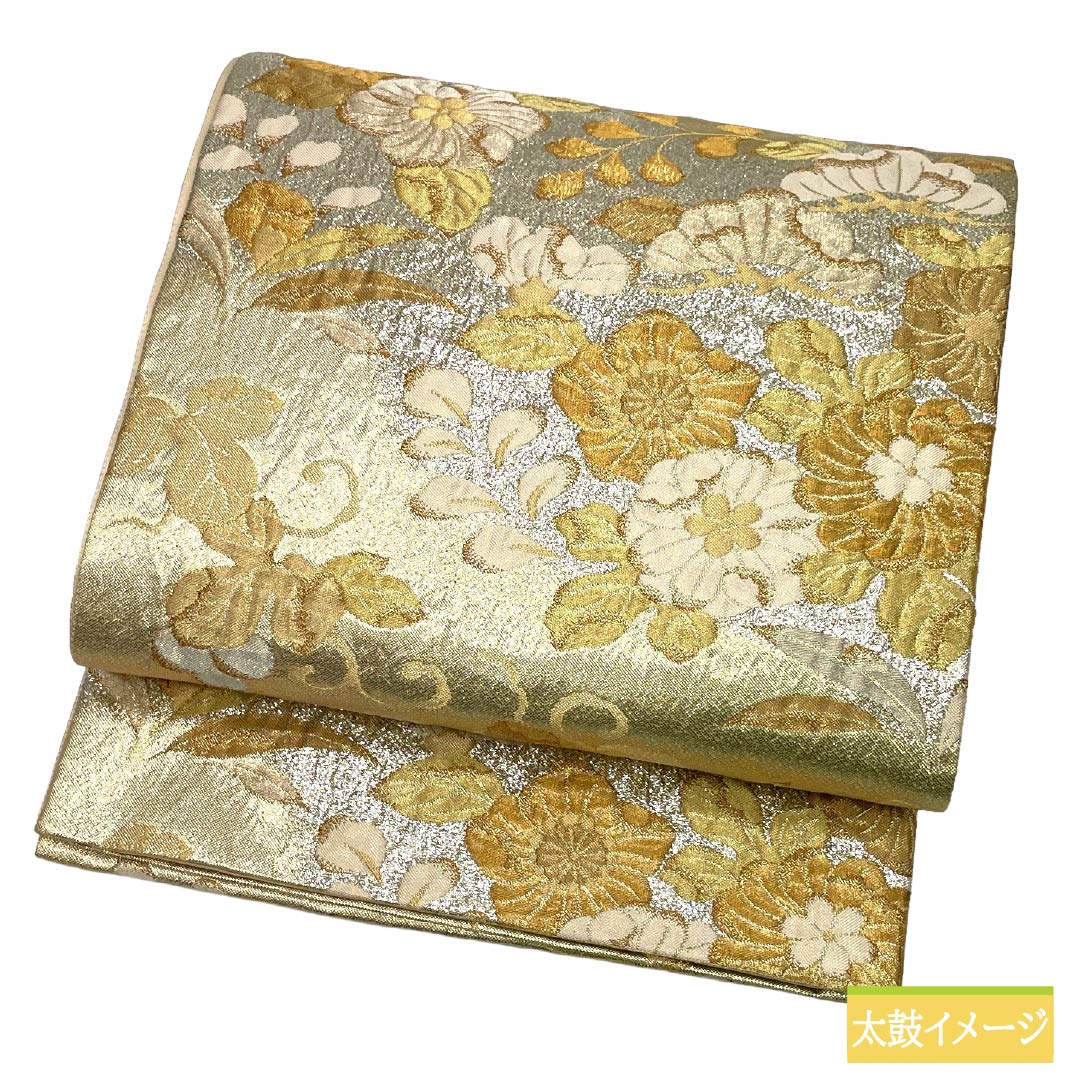 リサイクル着物】袋帯 正絹 Aランク 金色 ふくれ織 蝶 辻ヶ花 帯丈