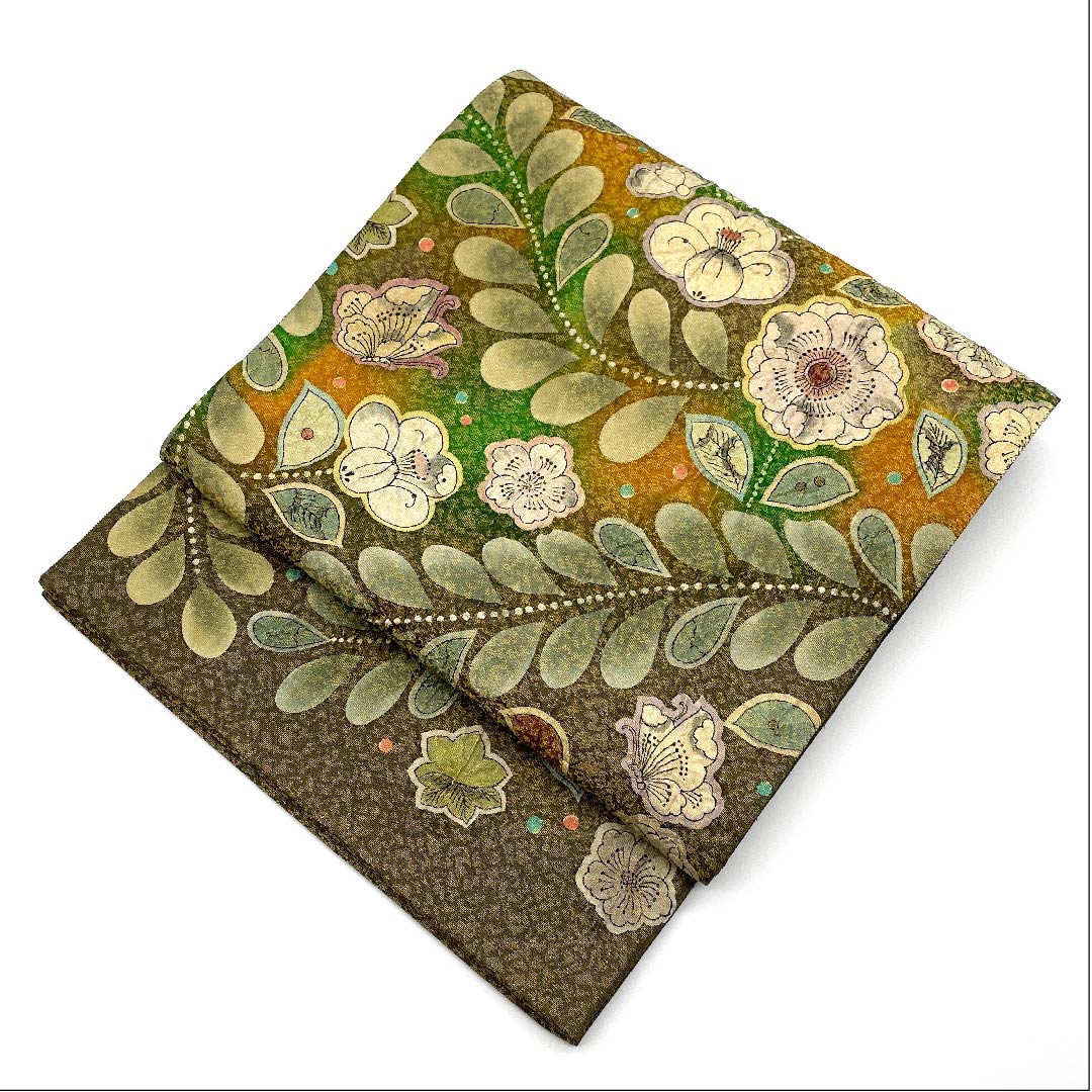 袋帯 昆布茶色(こぶちゃいろ) 辻ヶ花 ふくれ織 帯丈444cm 正絹 Aランク ポイント柄 フォーマル 金系 1123005753321