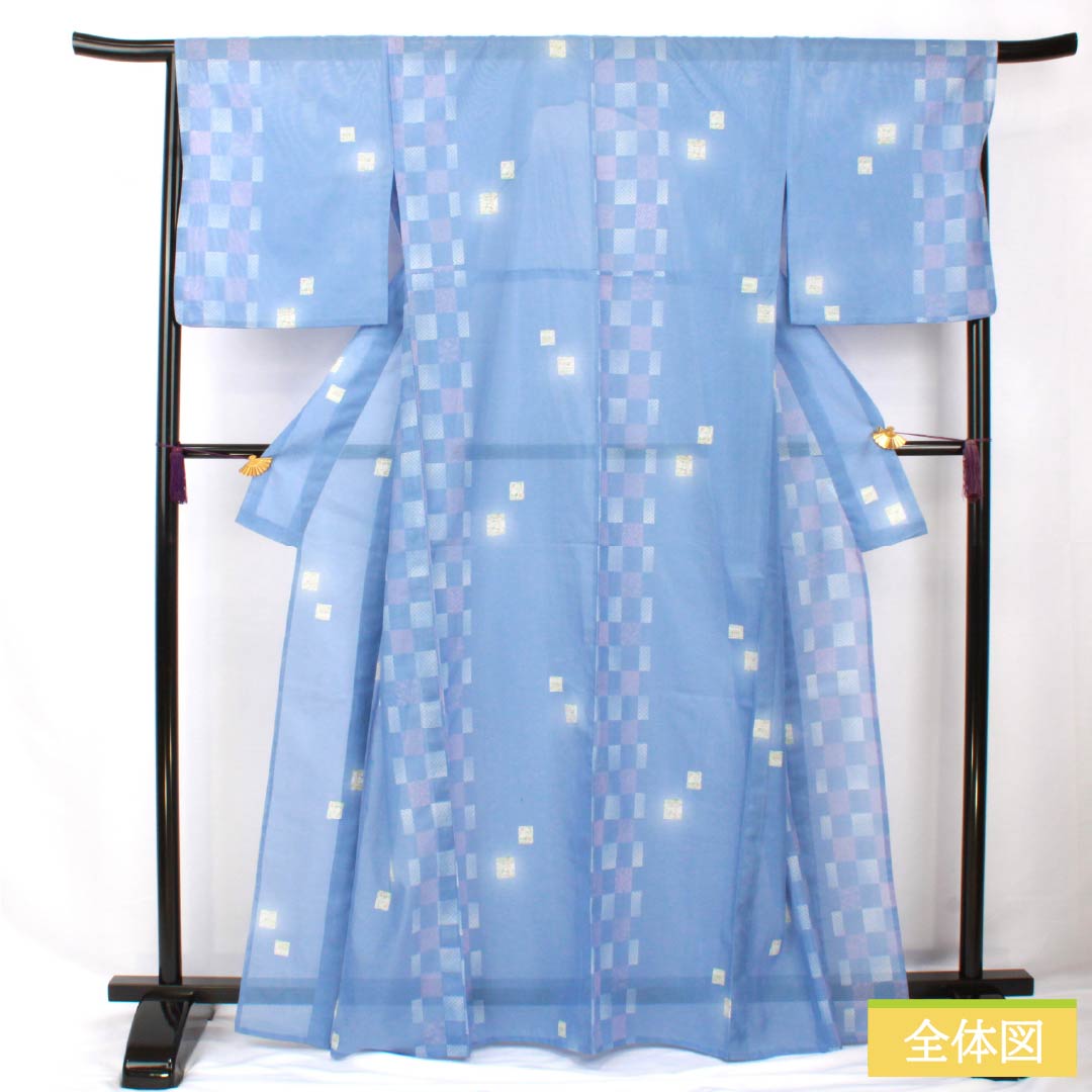 Summer kimono, polyester, small pattern, length 165cm, sleeve length 67.5cm, navy blue, checkered pattern, washable kimono, silk, A rank, blue, 1132002183517