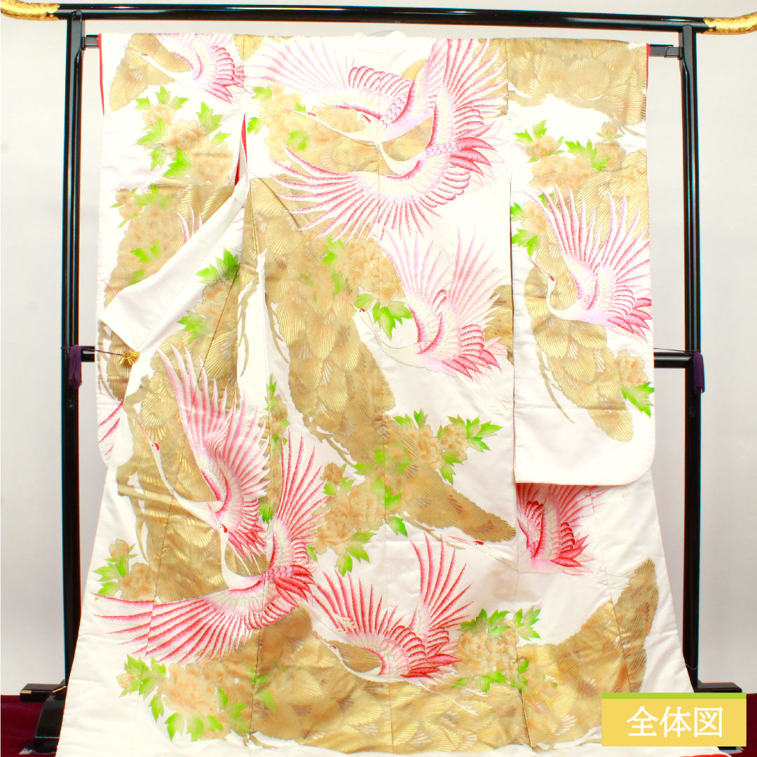 色打掛 正絹 身丈191cm 裄丈65cm 唐織 金彩加工 鶴 Bランク 袷 白系 1110000664911