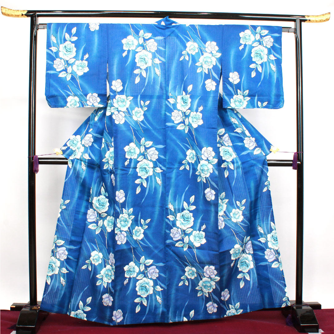 浴衣 しつけ糸付き 未使用品 瑠璃色 薔薇 木綿 Sランク 単衣 身丈164.5cm 裄丈65.5cm 青系 1118002932417