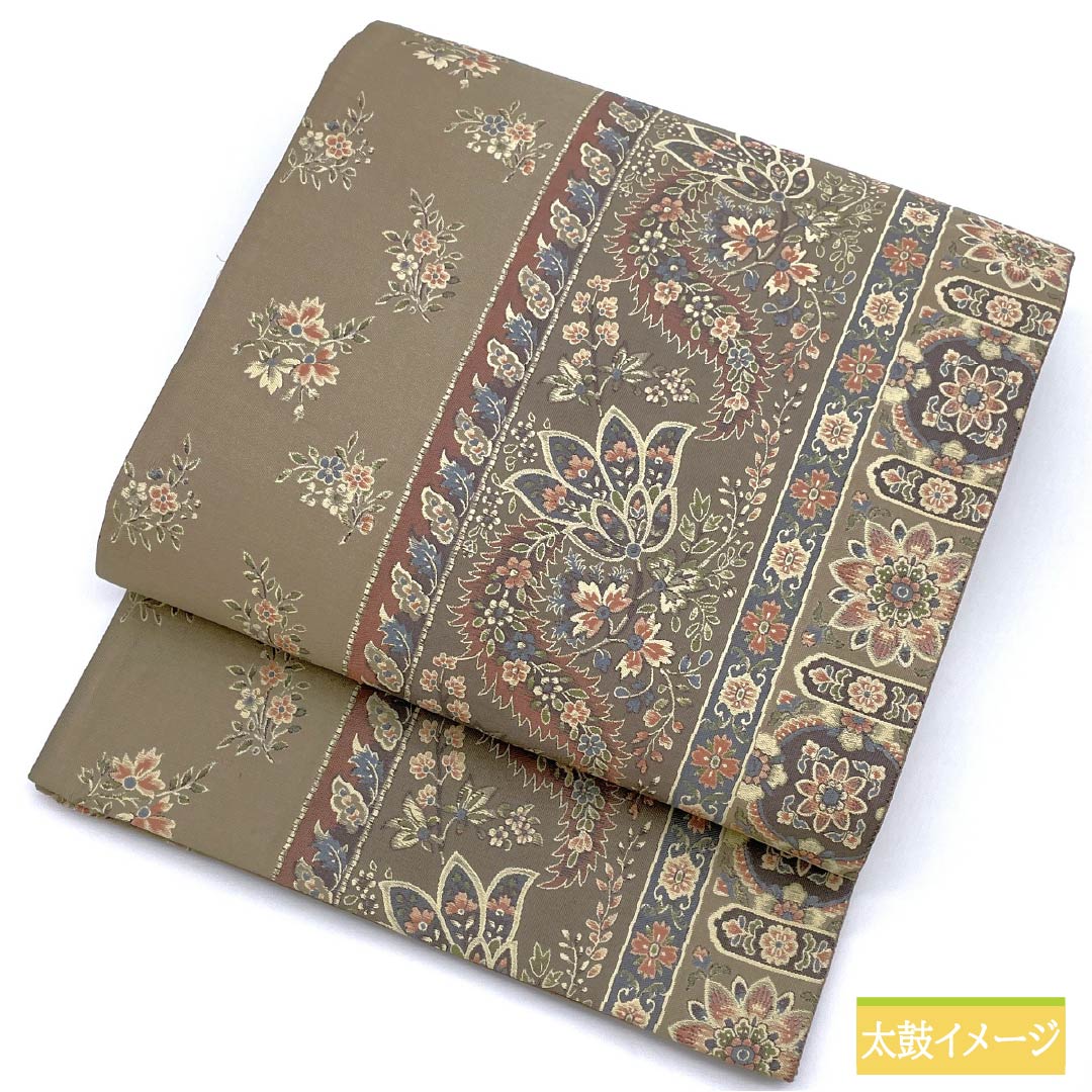 袋帯 リサイクル着物】袋帯 正絹 古晒色（ふるざれいろ） 紹巴織 抽象花 帯
