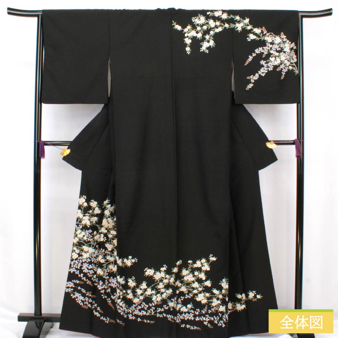 訪問着 ポリエステル Aランク 袷 身丈165.5cm 裄丈66cm 草木 洗える着物 黒系 1112006483510