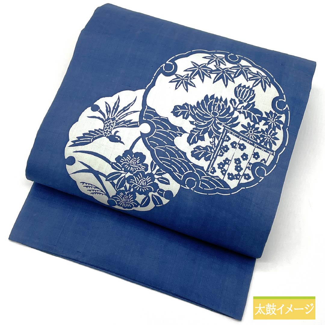 名古屋帯 濃二藍色(こきふたあいいろ) 型染 雪輪 紅葉 帯丈361cm 正絹 Aランク ポイント柄 カジュアル 青系 1124007653317 名古屋仕立て