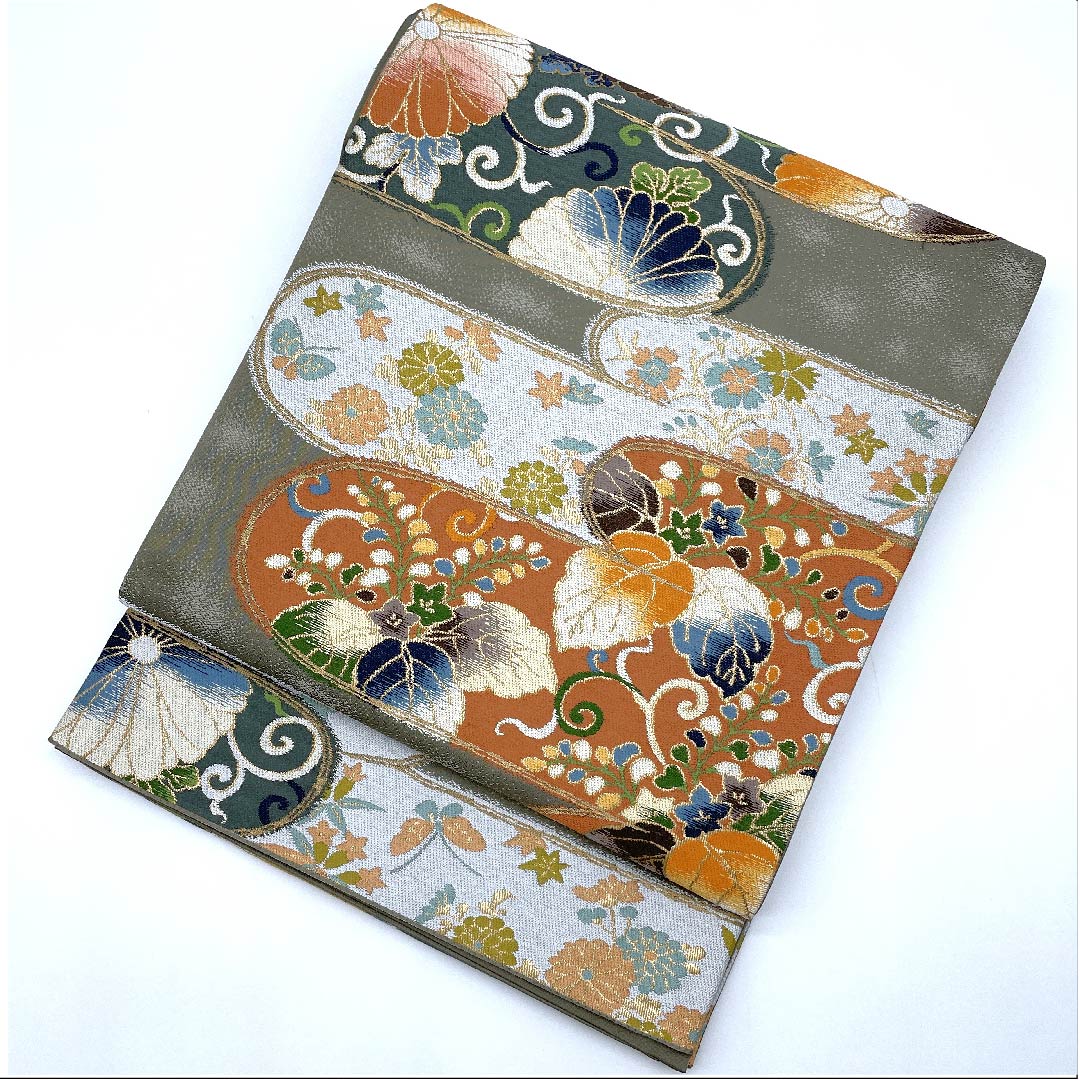 袋帯 白綾苑大庭 菊 桐 帯丈439cm 正絹 Sランク 六通 フォーマル グレー系 1123008592322