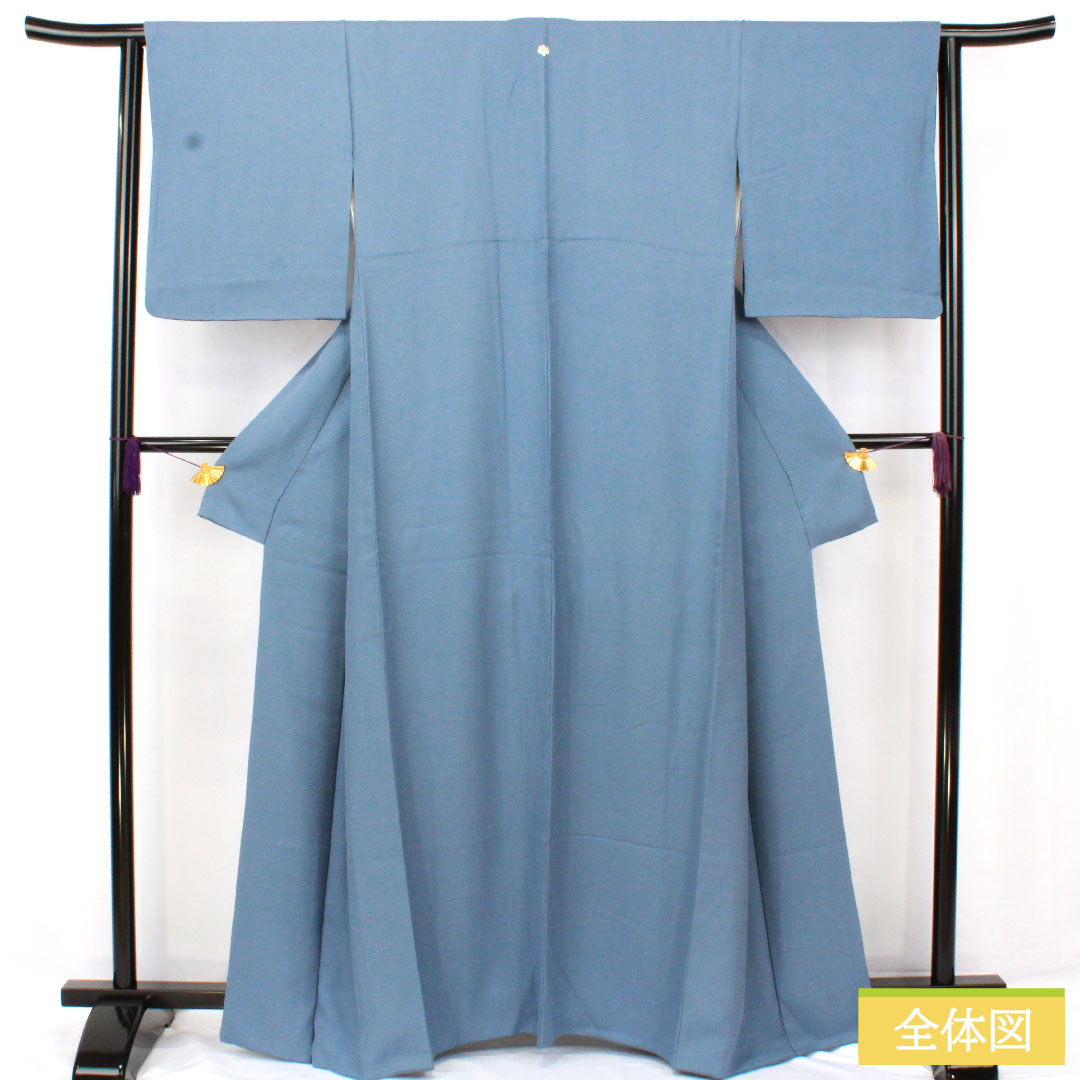 色無地 正絹 身丈163.5cm 裄丈63.5cm 露草色(つゆくさいろ) 一つ紋 五三桐 袷 Sランク 青系 1114001912417