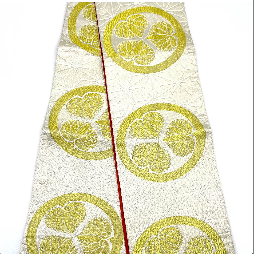 半幅帯 木綿 乳白色(にゅうはくしょく) リバーシブル 丸に三つ葵 植物模様 縞 幾何学模様 帯丈342cm 白系 Sランク 1125001002311