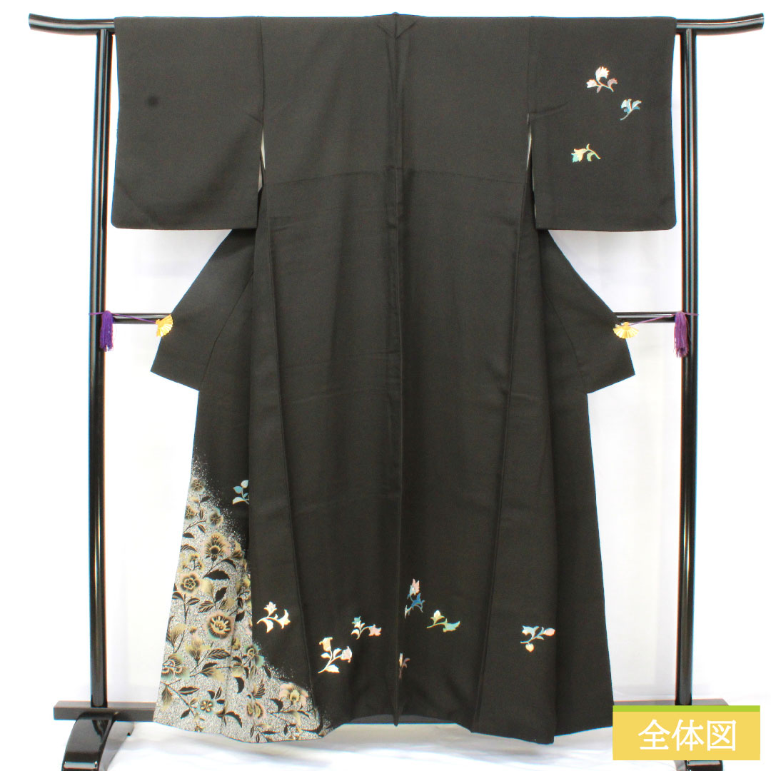 訪問着 正絹 袷 身丈158cm 裄丈62.5cm 京友禅 草花模様 Aランク 黒系 1112005613310