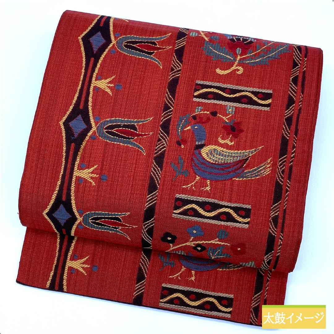 袋帯 正絹 生臙脂色(しょうえんじいろ) 鳥 抽象花 帯丈436cm Sランク 六通 カジュアル 赤系 1123012352312