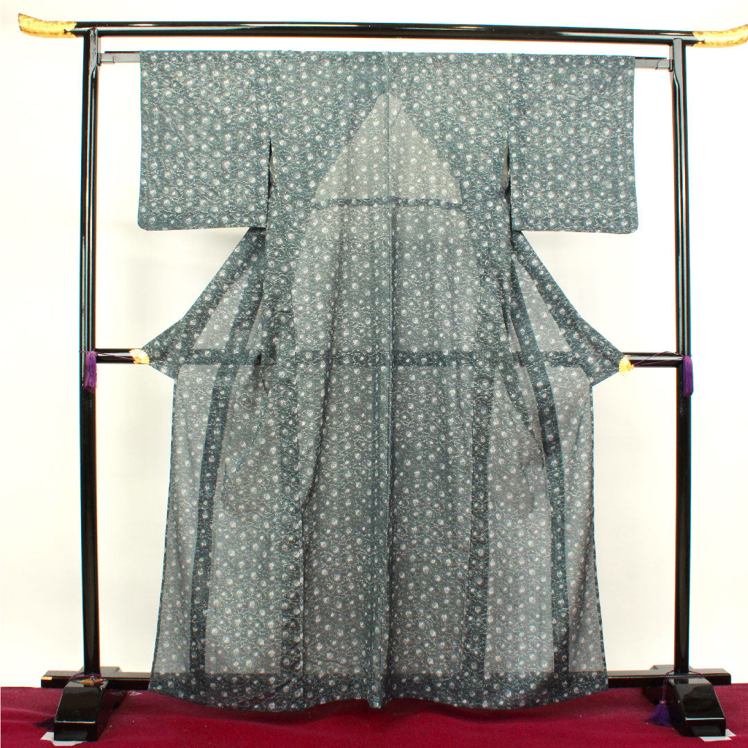 夏物 ポリエステル 小紋 身丈162.5cm 裄丈62.5cm 鉄鼠色(てつねずいろ) 抽象模様 洗える着物 絽 Sランク 黒系 1132000542410