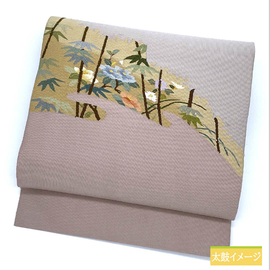 名古屋帯 灰白色色(かいはくしょくいろ) 竹 幕花 帯丈370cm 正絹 Sランク ポイント柄 カジュアル グレー系 1124006422322 松葉仕立て