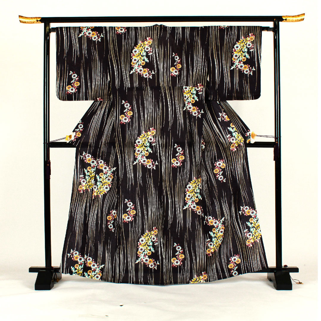 浴衣 HANAEMORI 花模様 木綿 Sランク 単衣 身丈165cm 裄丈68cm 紫系 1118000792520