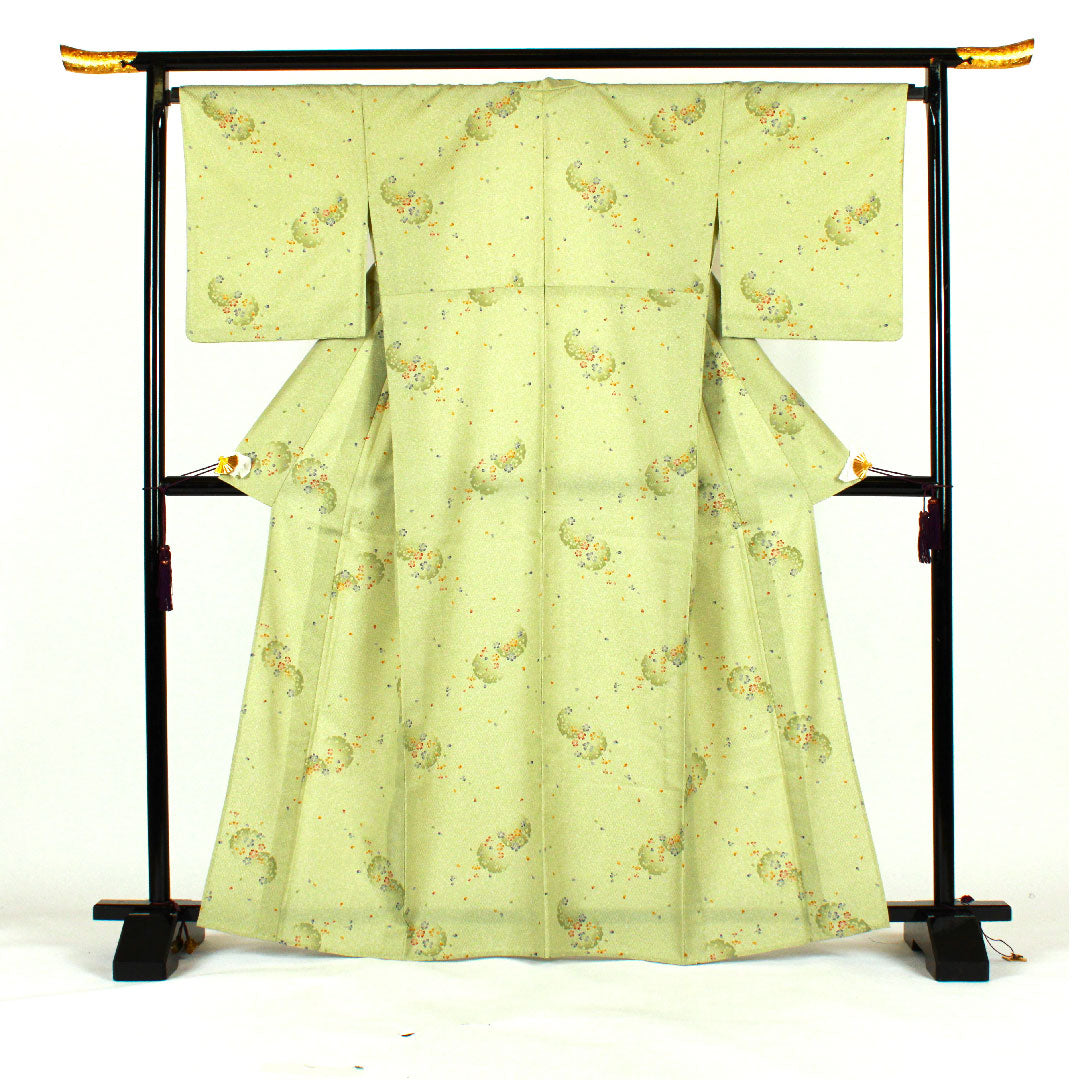 小紋 身丈166.5cm 裄丈69cm 単衣 桜 雪輪 洗える着物 ポリ Sランク 緑系 1115000792419