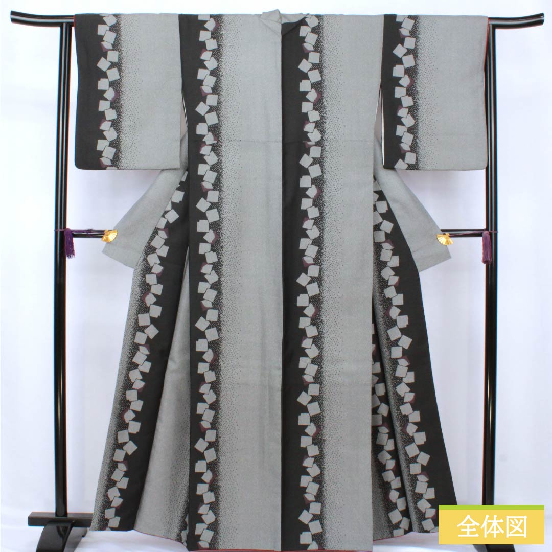 小紋 ポリエステル Sランク 身丈161.5cm 裄丈64cm 袷 抽象模様 洗える着物 モノトーン 1115007492427