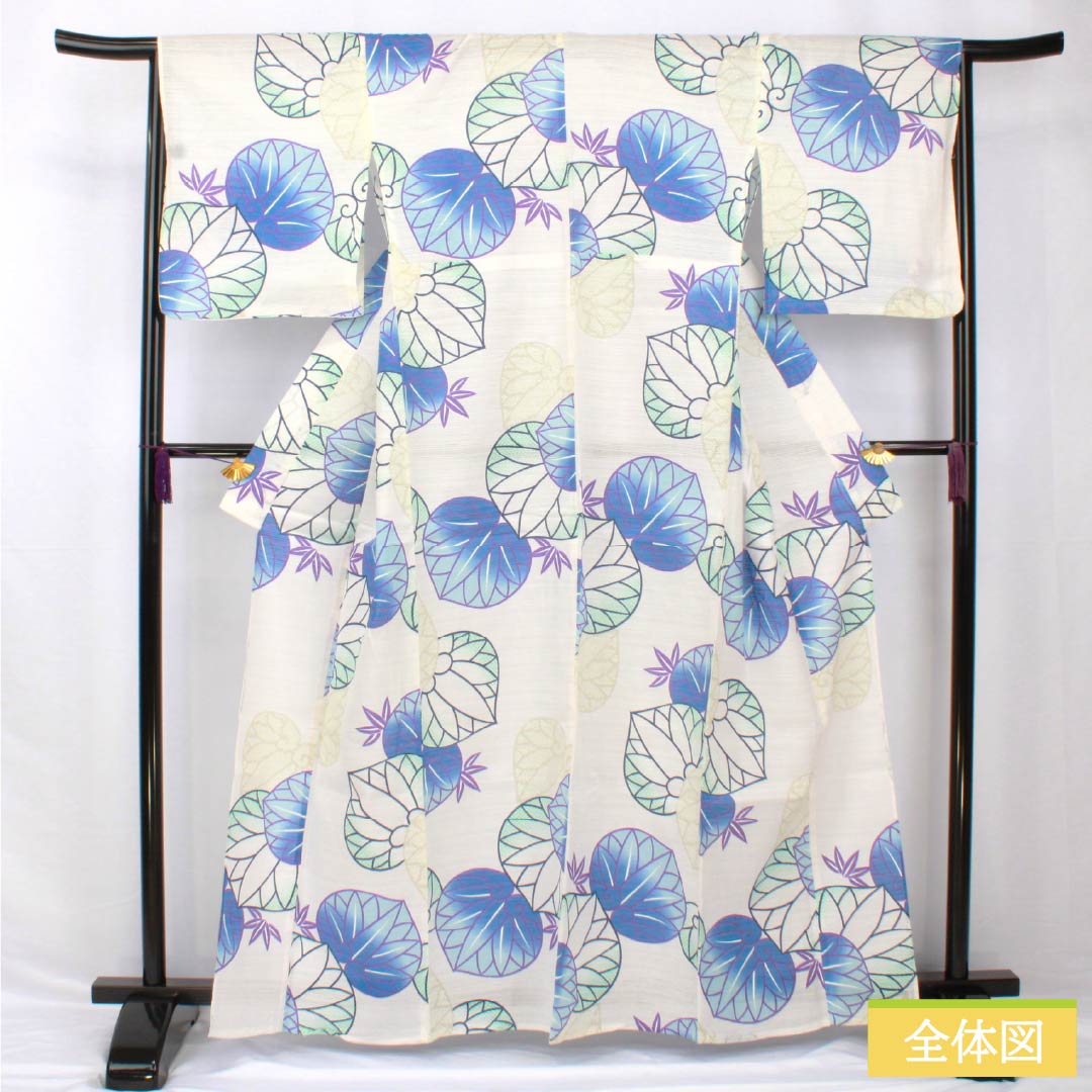 浴衣 木綿 身丈162.5cm 裄丈66cm Aランク 単衣 白系 葵 綿絽 1118005273411