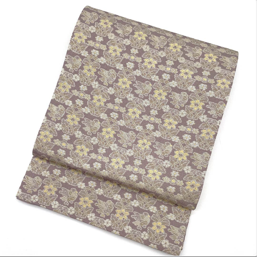 袋帯 浅滅紫色(あさきけしむらさきいろ) 鼎工房 鳥 花 長尺 帯丈470cm 正絹 Sランク 全通 セミフォーマル 紫系 1123009342420