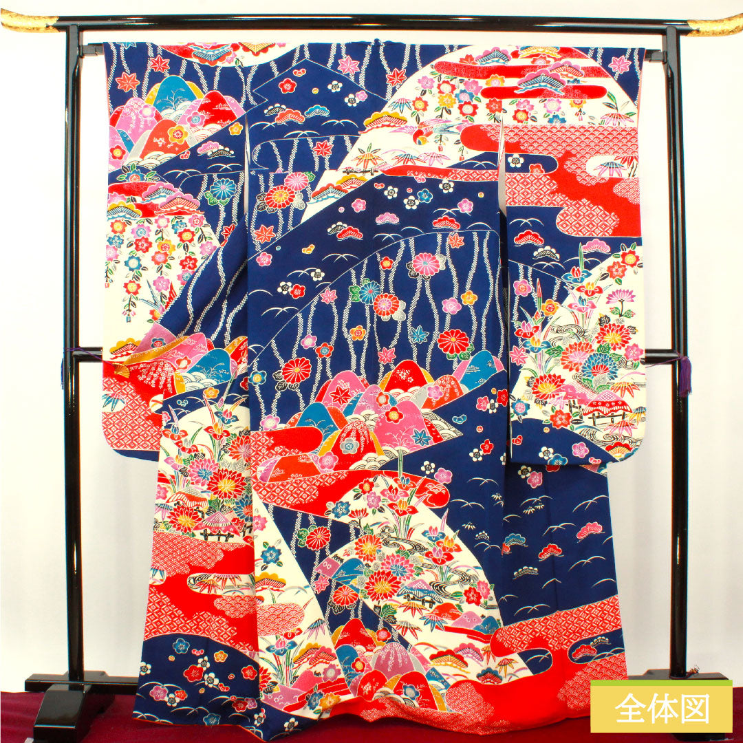 Furisode, pure silk, length 165cm, sleeve length 66cm, lined, lapis lazuli color, Kyoto Bingata, auspicious motif, A rank, navy blue, 1113002053518
