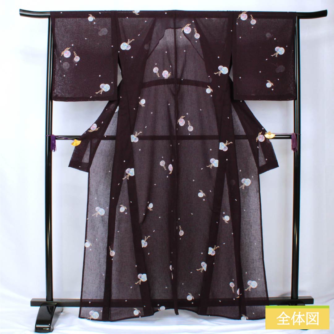 夏物 ポリエステル 小紋 身丈162cm 裄丈66cm 紫黒色(しこくしょく) 小花 鈴 洗える着物 紗 Sランク 紫系 1132002332420