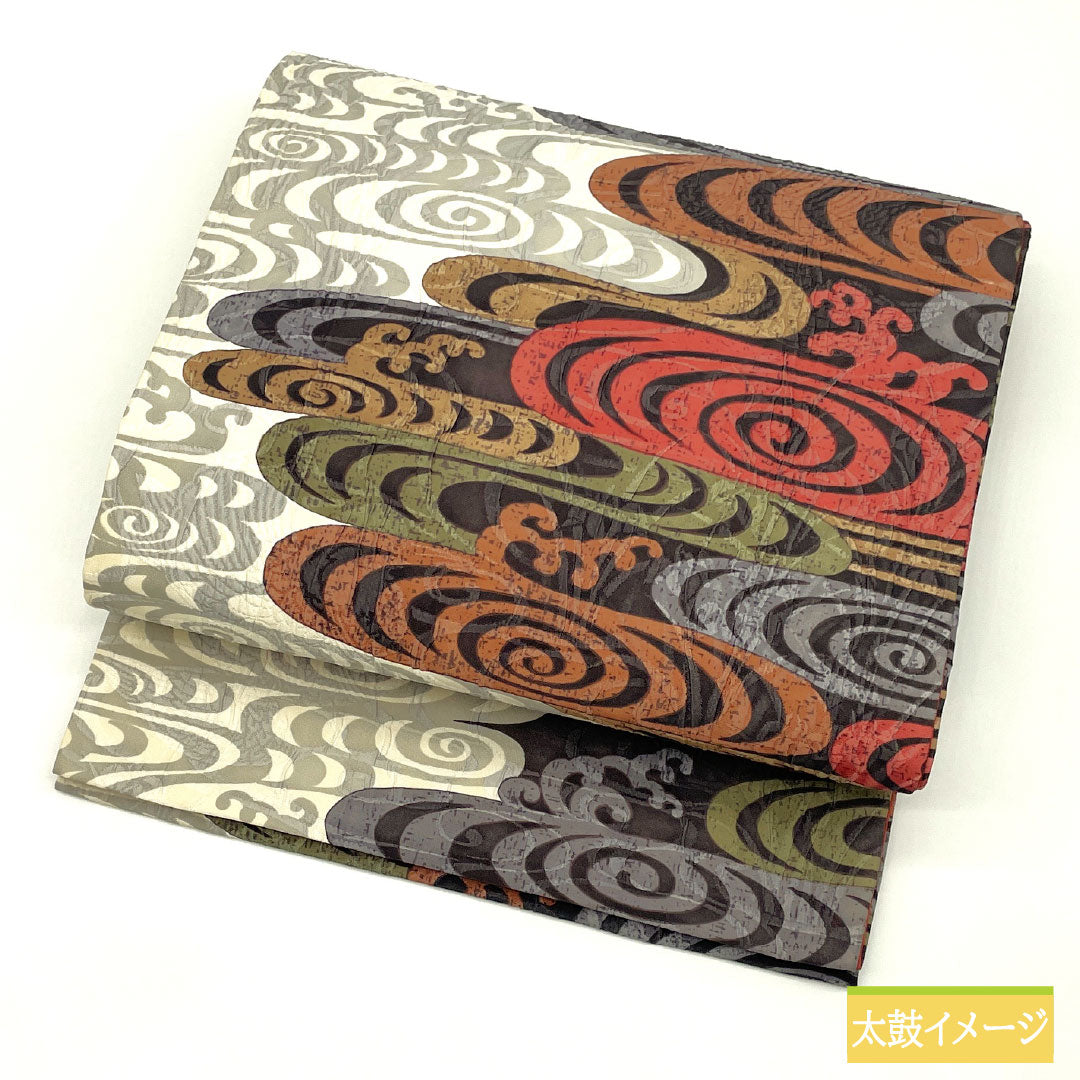 袋帯 正絹 Sランク 鵬翔 博多織 染め帯 流水 雲取り 帯丈436cm 全通 カジュアル 白系 1123017422311