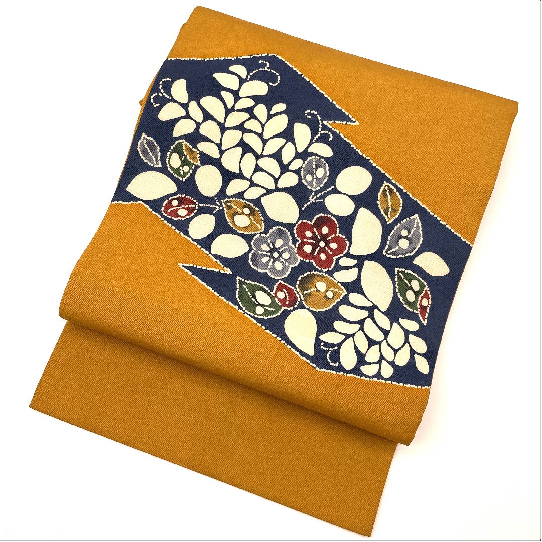 名古屋帯 晒柿色 古典柄 花柄 帯丈350cm 正絹 Bランク ポイント柄 カジュアル 黄系 1124004564323 名古屋仕立て