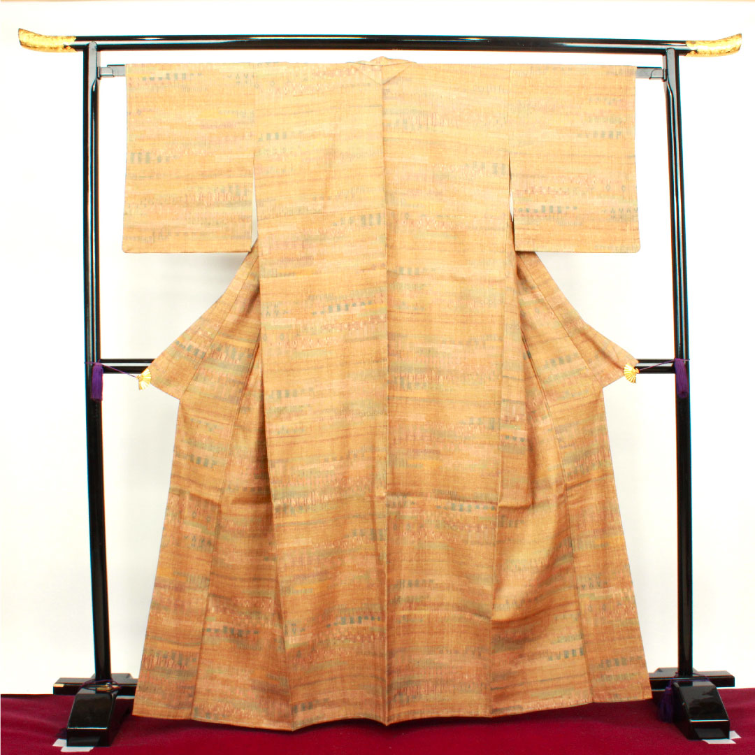 紬 身丈164cm 裄丈61.5cm 丁子色 幾何学模様 正絹 Aランク 袷 茶系 1116002333414