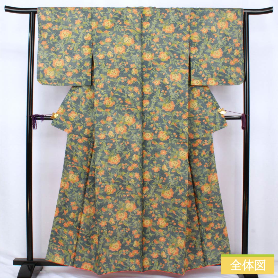 小紋 ポリエステル Sランク 身丈159.5cm 裄丈63.5cm 袷 御召御納戸色(おめしおなんどいろ) 洋花 洗える着物 青系 1115007282317