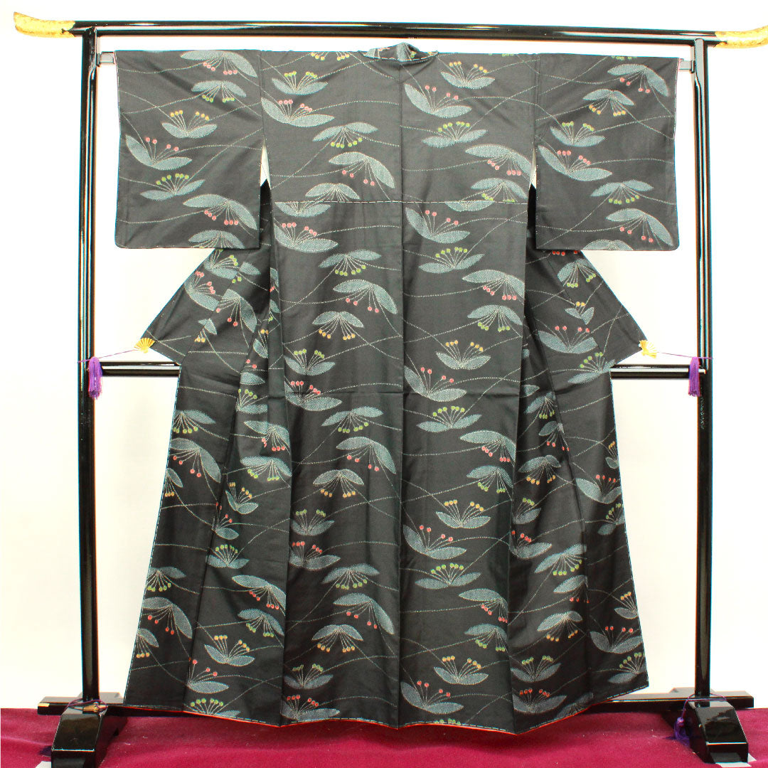 Tsumugi, Length 160cm, Sleeve length 66.5cm, with basting thread, Abstract pattern, Pure silk, S rank, Lined, Black, 1116002532410