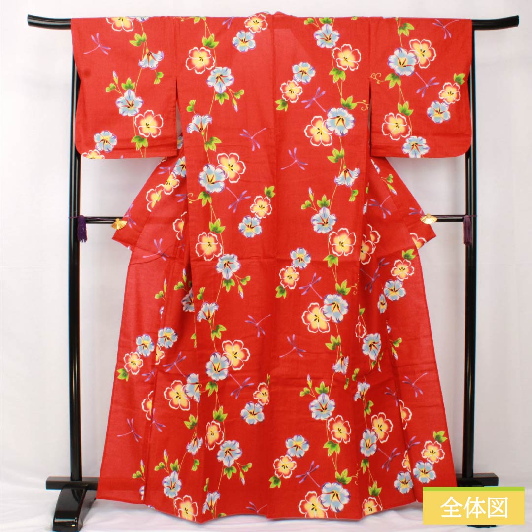 浴衣 木綿 身丈164.5cm 裄丈67.5cm Sランク 単衣 赤系 辰砂色(しんしゃいろ) ハイビスカス トンボ 1118005402412