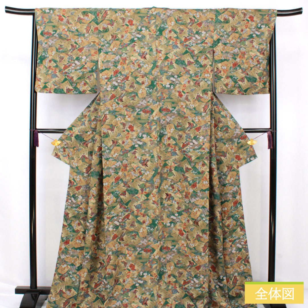 リサイクル着物】小紋 正絹 Sランク 身丈166cm 裄丈66cm 袷 柚葉色