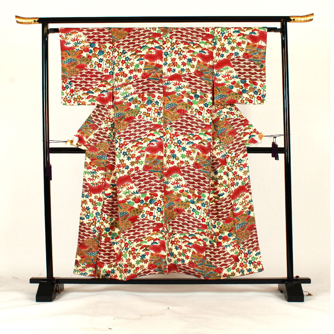 小紋 身丈156cm 裄丈64cm 袷 型染 松竹梅 吉祥文様 正絹 Sランク クリーム系 1115001722315