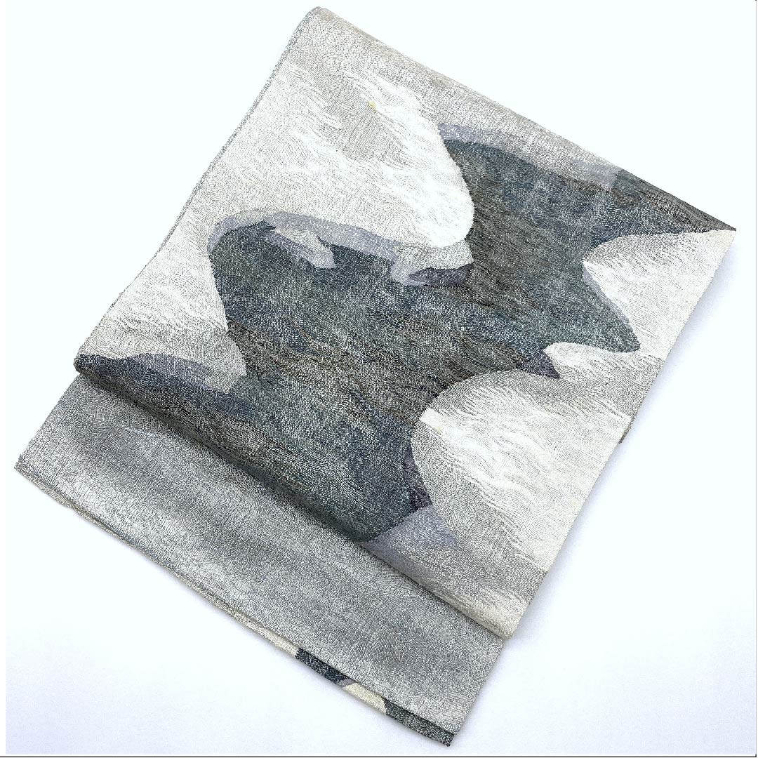 袋帯 銀白色色(ぎんはくしょくいろ) 夏帯 抽象模様 夏物 帯丈430cm 正絹 Bランク ポイント柄 カジュアル グラデーション系 1123007764399