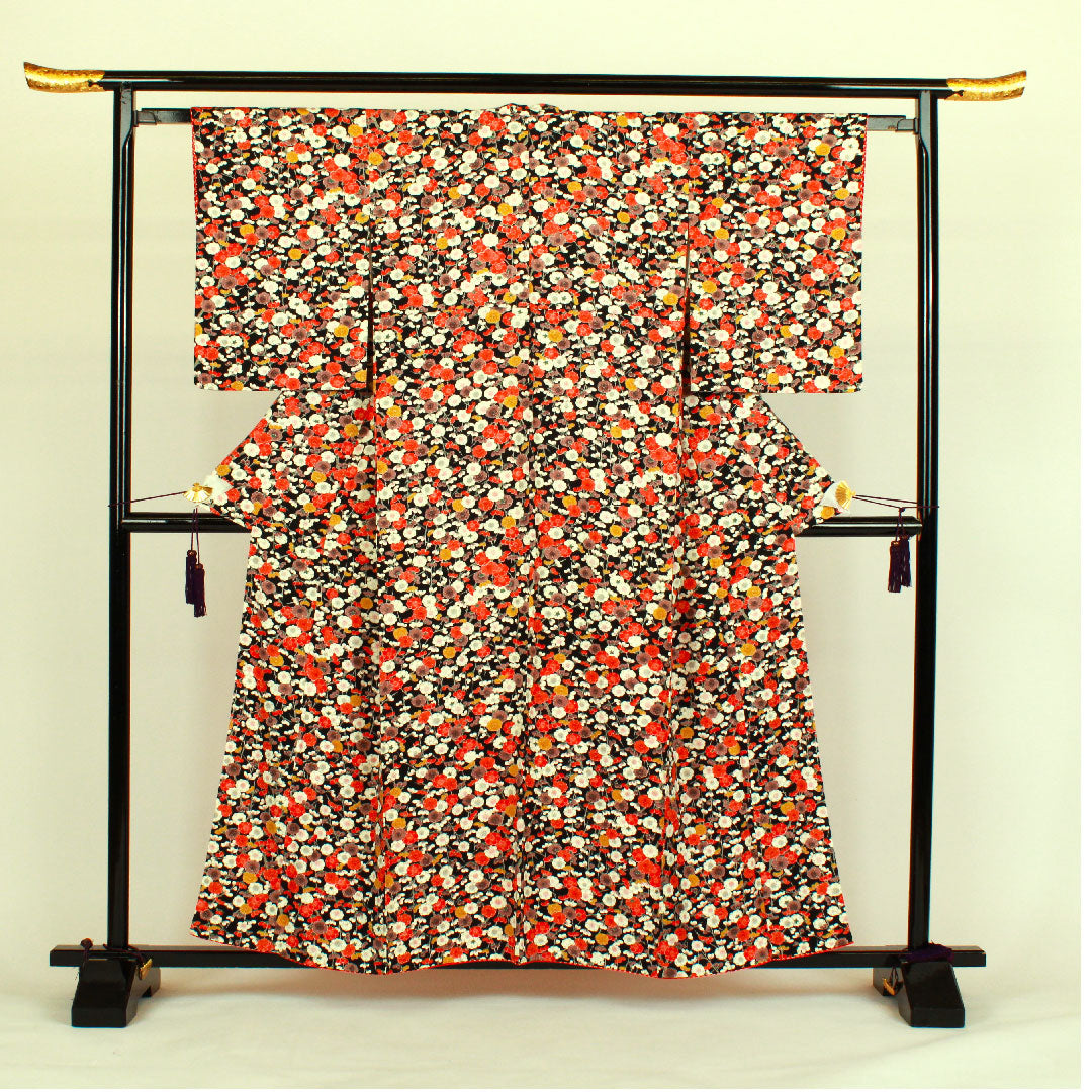 小紋 身丈158.5cm 裄丈61cm 袷 梅柄 正絹 Sランク 黒系 1115000472310