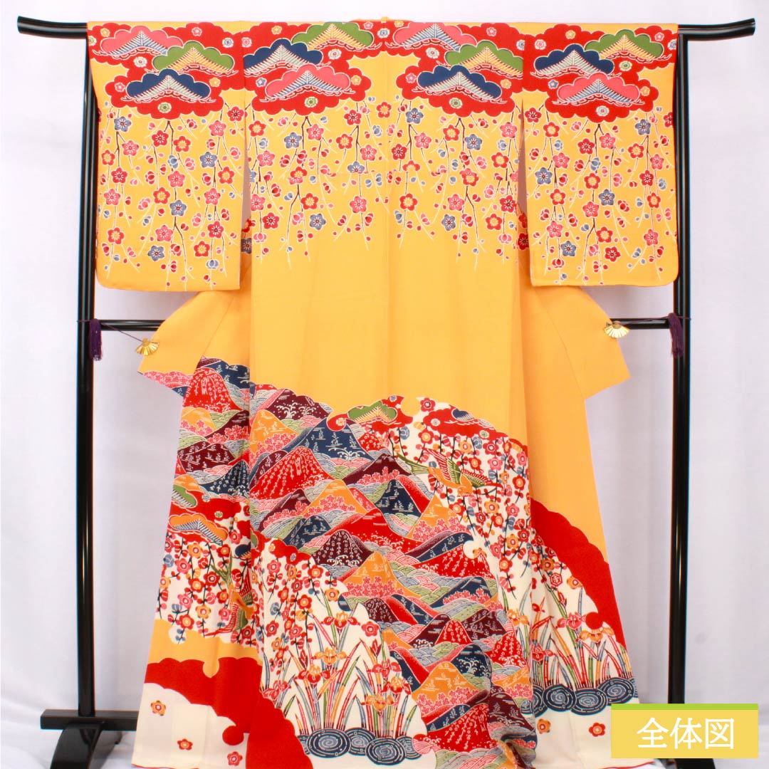 訪問着 正絹 Sランク 袷 身丈167cm 裄丈65.5cm 蜜柑色(みかんいろ) 京紅型 吉祥文様 橙系 1112006432526