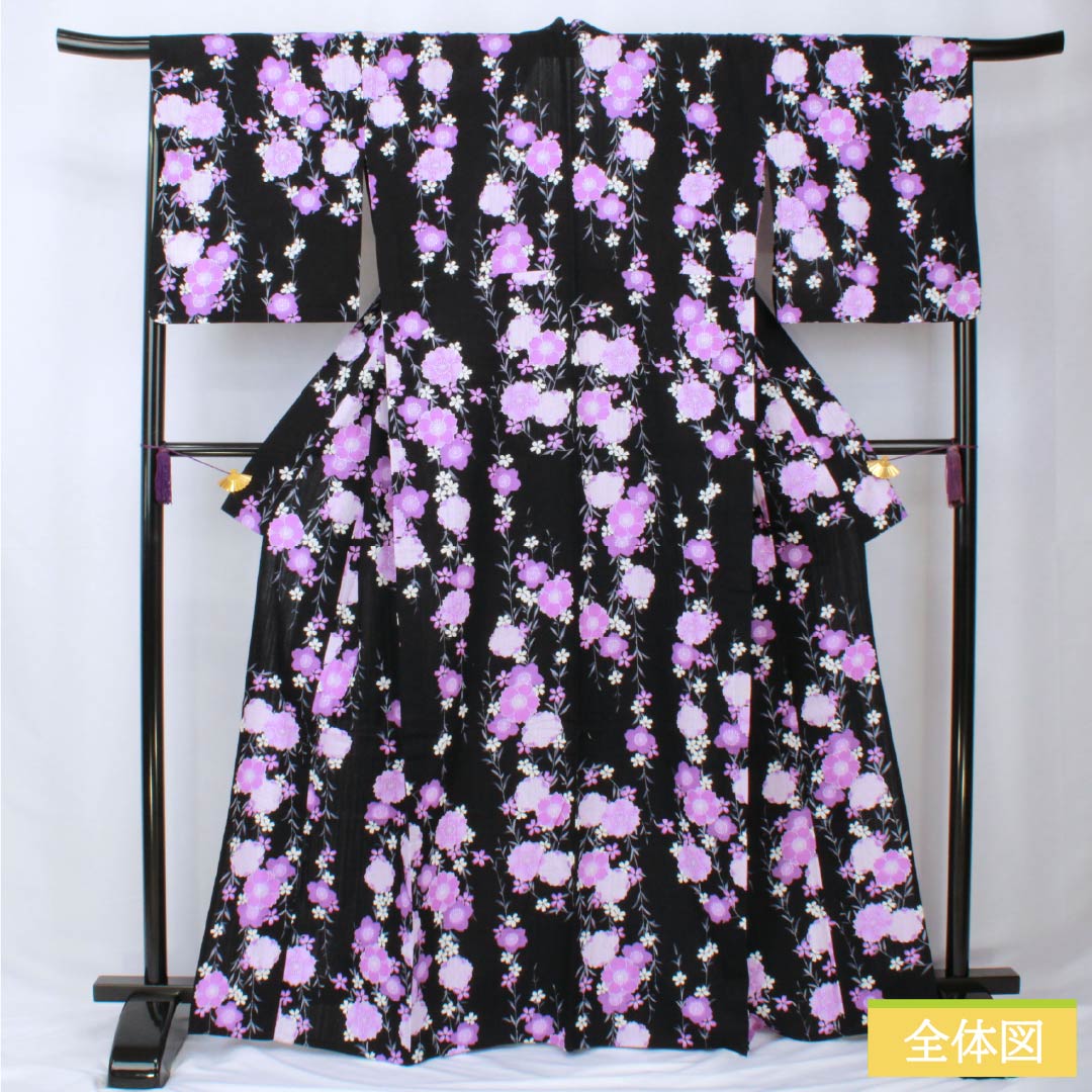 浴衣 綿麻 身丈165cm 裄丈69cm Aランク 単衣 黒系 しだれ桜 綿麻 1118006043510