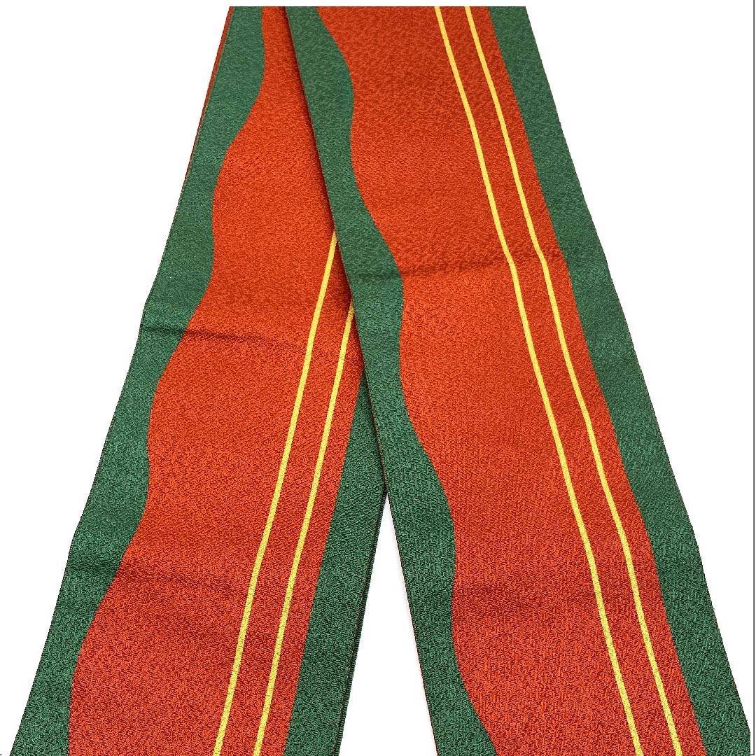 (未仕立)半幅帯 ポリエステル 辰砂色(しんしゃいろ) 縞 幾何学模様 シンプル リバーシブル 帯丈400cm 朱系 Sランク 1125001082316