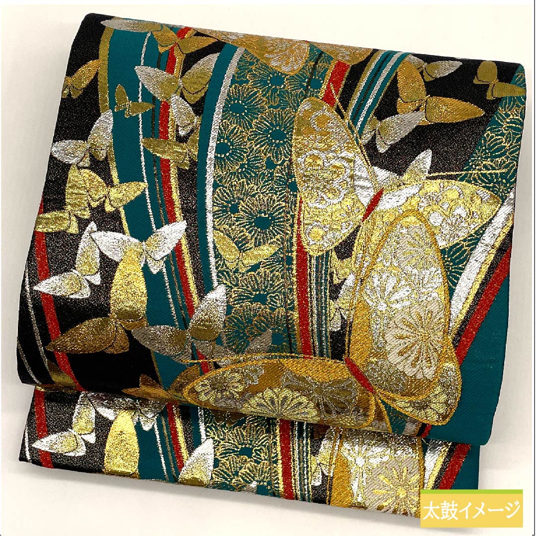 袋帯 正絹 碧色色(へきしょくいろ) 蝶 菊 桜 帯丈426cm Sランク 六通 フォーマル 緑系 1123011982319