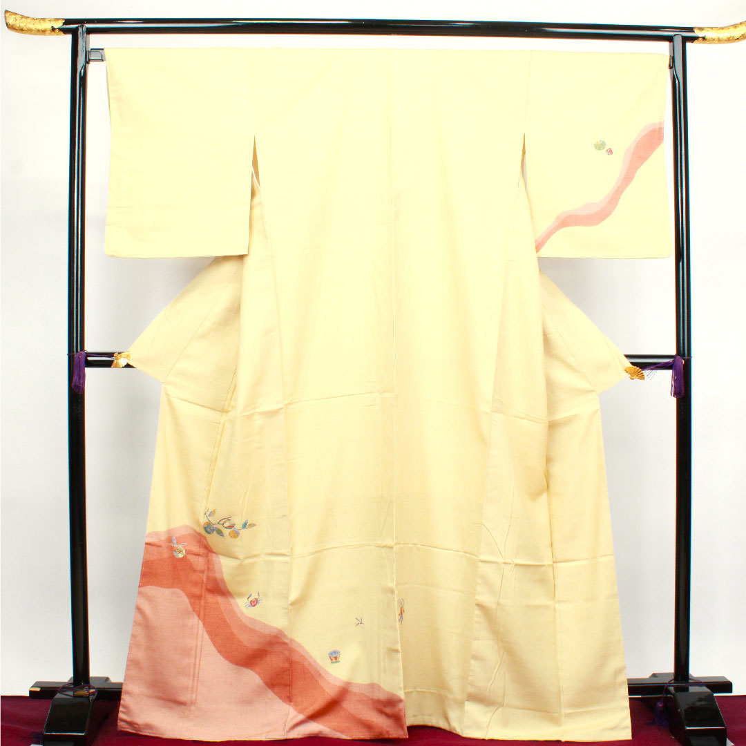 Homongi, lined, length 169cm, sleeve length 69cm, light egg color, Monkey and Crab Battle, pongee fabric, pure silk, S rank, cream color, 1112002612515