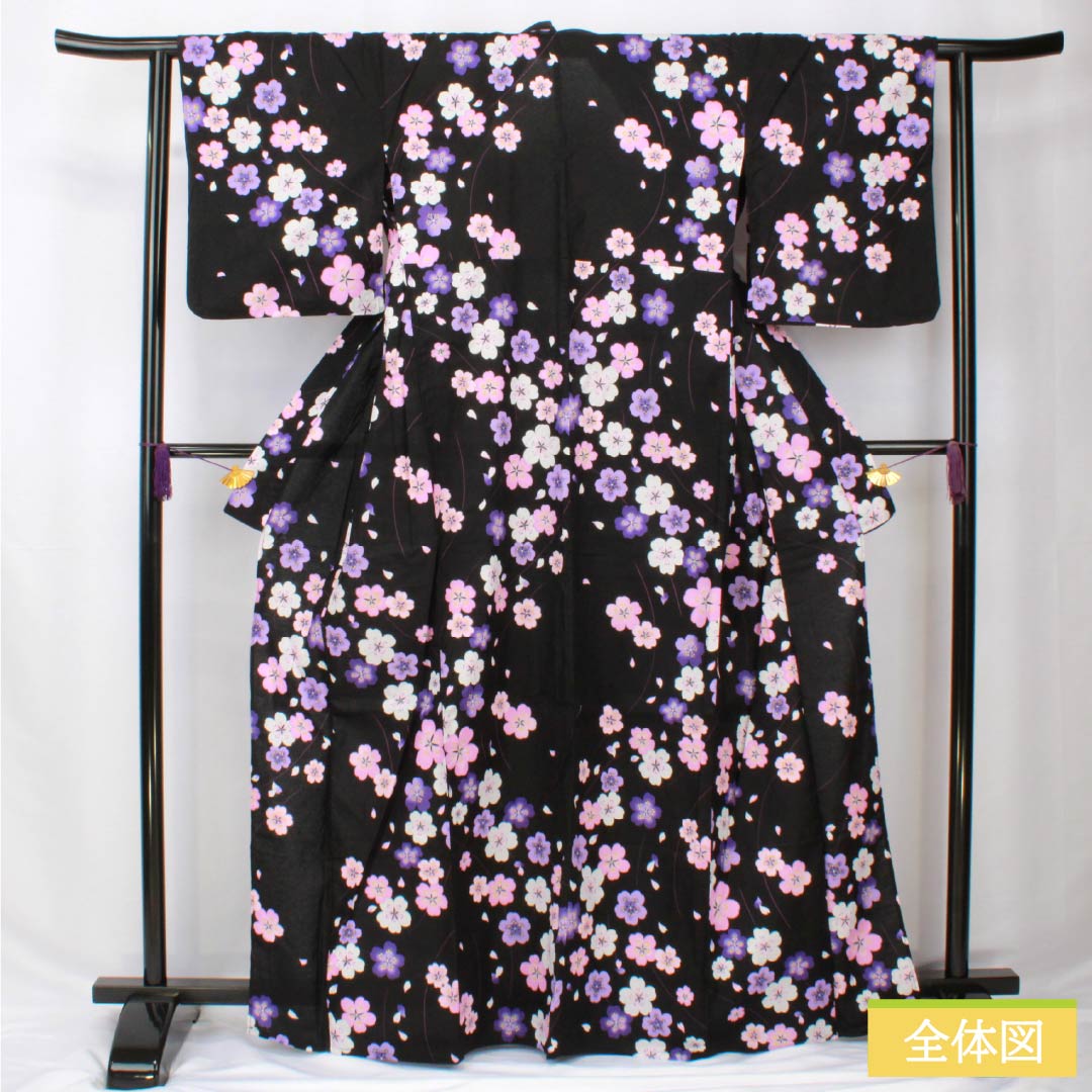 Cotton Yukata, Length 166.5cm, Sleeve Length 62.5cm, S Rank, Single Layer, Black, Cherry Blossom Design, 1118005932510