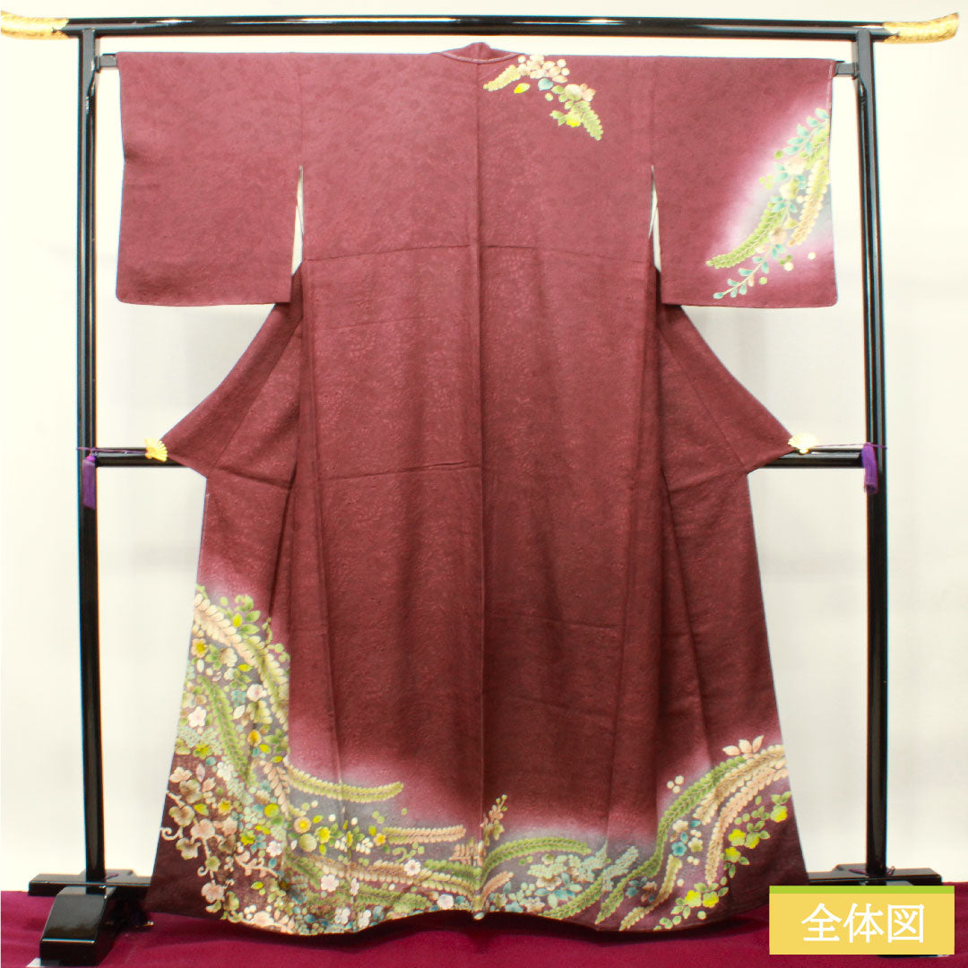 訪問着 正絹 袷 身丈162.5cm 裄丈67.5cm 葡萄酒色 辻ヶ花 Sランク 紫系 1112003562420