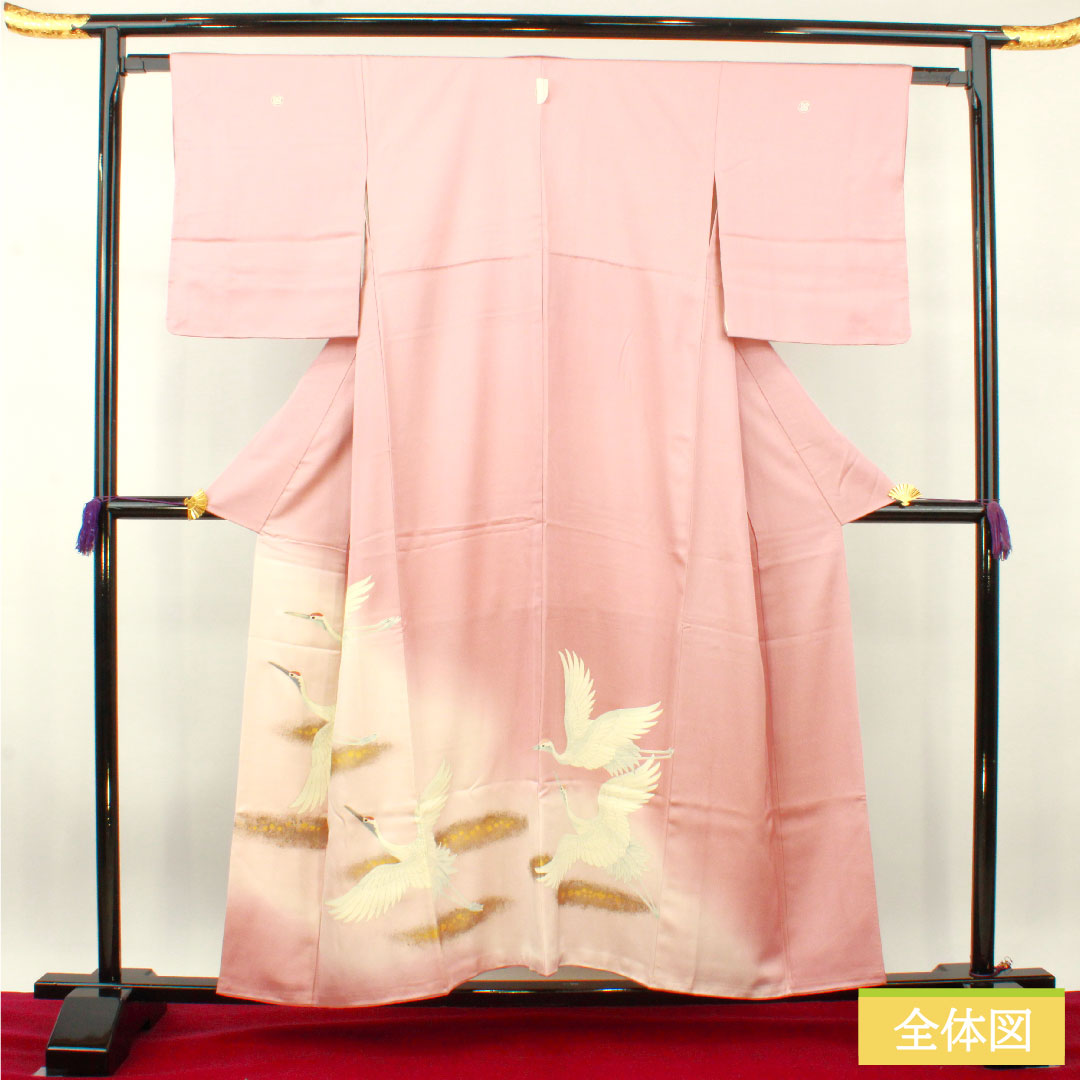 彩色留袖、纯丝、长度 154.5 厘米、袖长 62.5 厘米、衬里、淡红色、京友禅、仙鹤、三个徽章、不同的鹰羽、S 级、三个徽章、粉红色、1111001232213