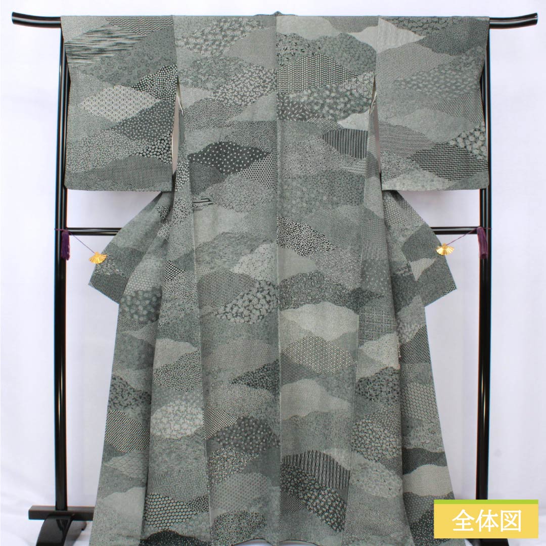 小紋 正絹 Sランク 身丈164.5cm 裄丈66.5cm 袷 金田染工 二代目金田昇 江戸小紋 割付文様 型染 モノトーン 1115007202427