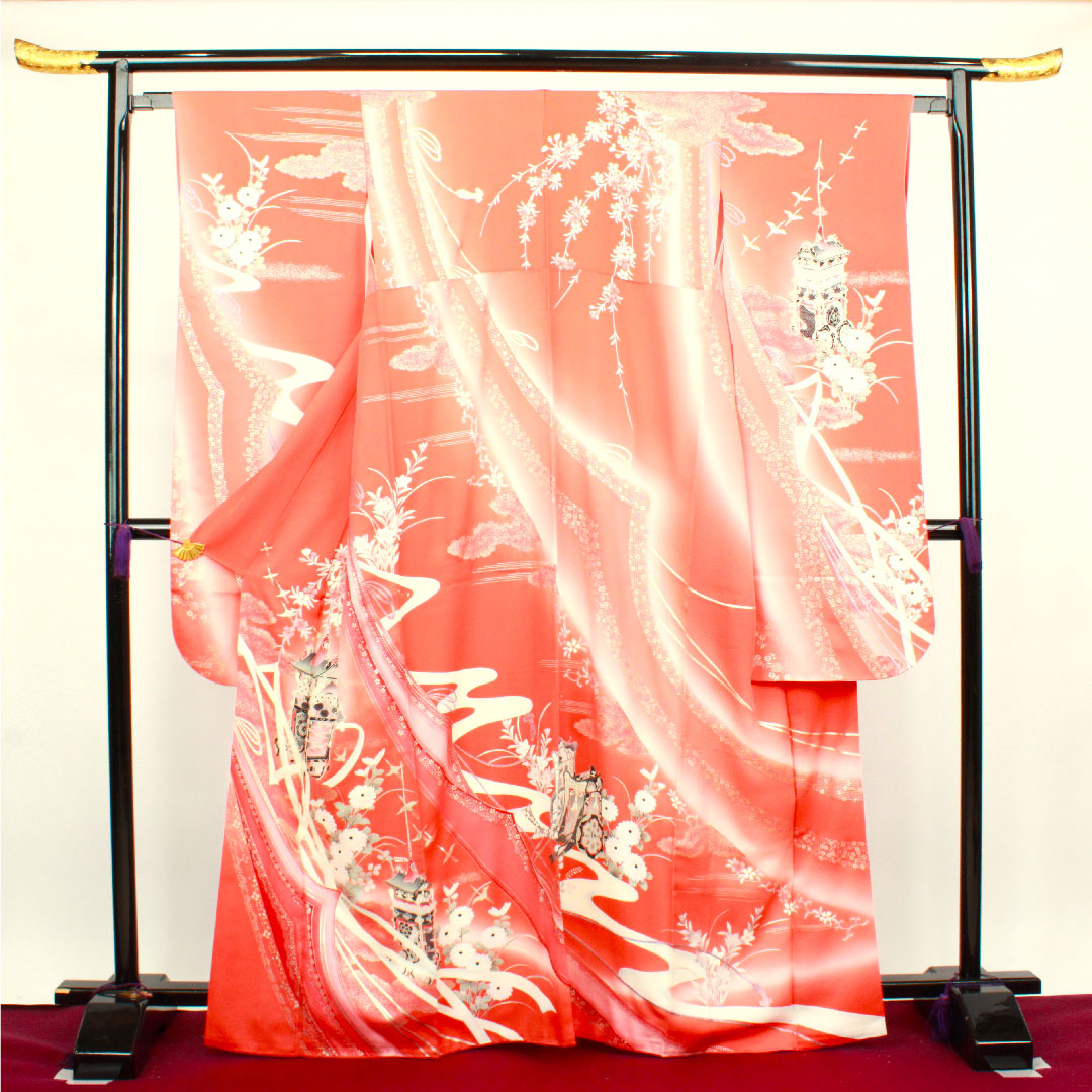 振袖 身丈166cm 裄丈63cm 袷 中紅色 鉾 草花模様 正絹 Aランク 朱系 1113001463516