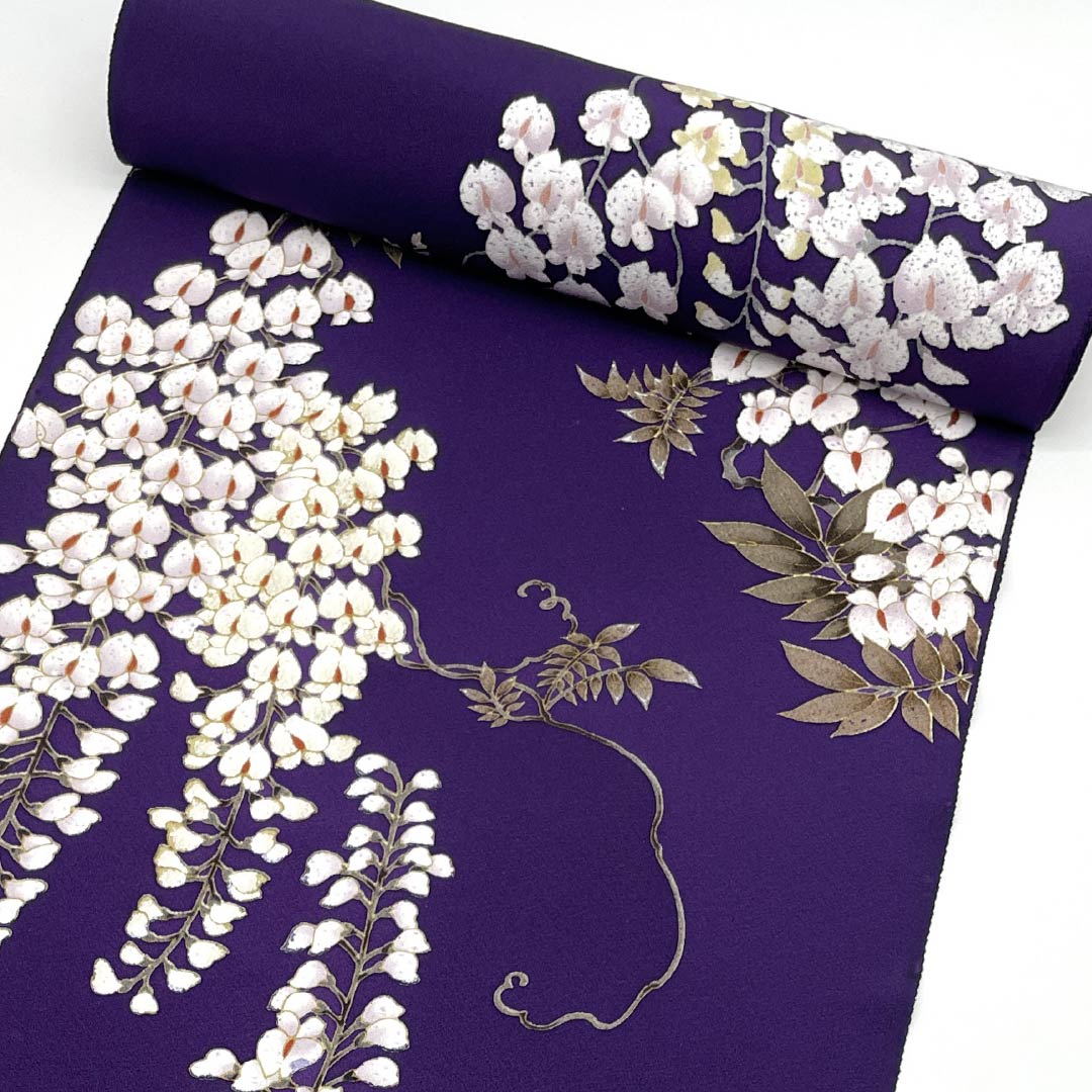 反物 小紋 正絹 茄子紺色(なすこんいろ) 丹後ちりめん 下り藤 花柄 NEWランク 紫系 1130001031920