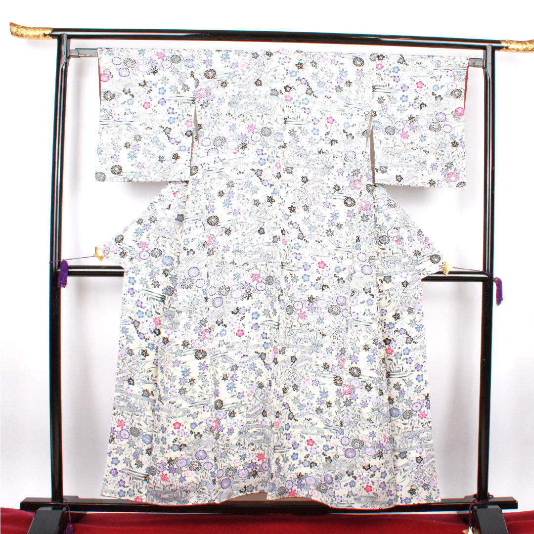 小紋 身丈155cm 裄丈62cm 袷 京紅型 茶屋辻模様 正絹 Sランク 白系 1115002192311