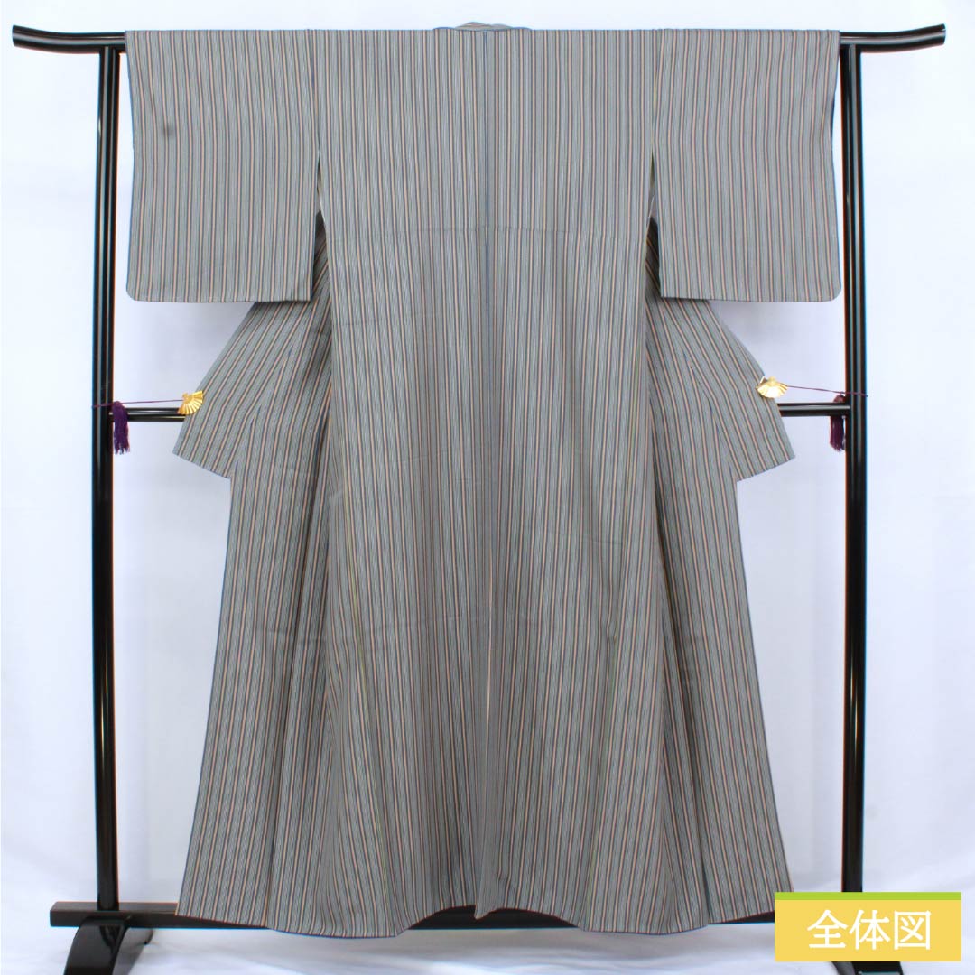 Komon silk S-rank kimono, length 156.5cm, sleeve length 63cm, lined, gosu-iro (blue-green) vertical stripes, blue-based design, product number 1115006642317