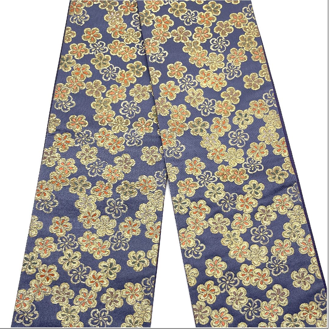 リサイクル着物】（未仕立）半幅帯 江戸納戸色 桜 新品未使用品 正絹 